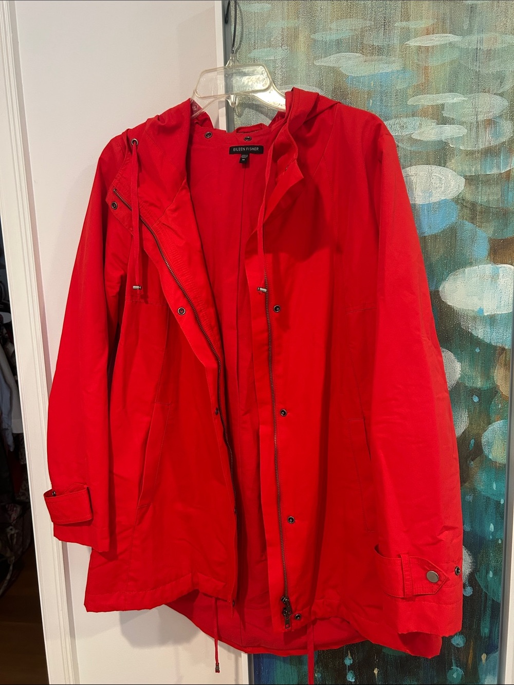 Eileen Fisher Red Hooded Rain Jacket